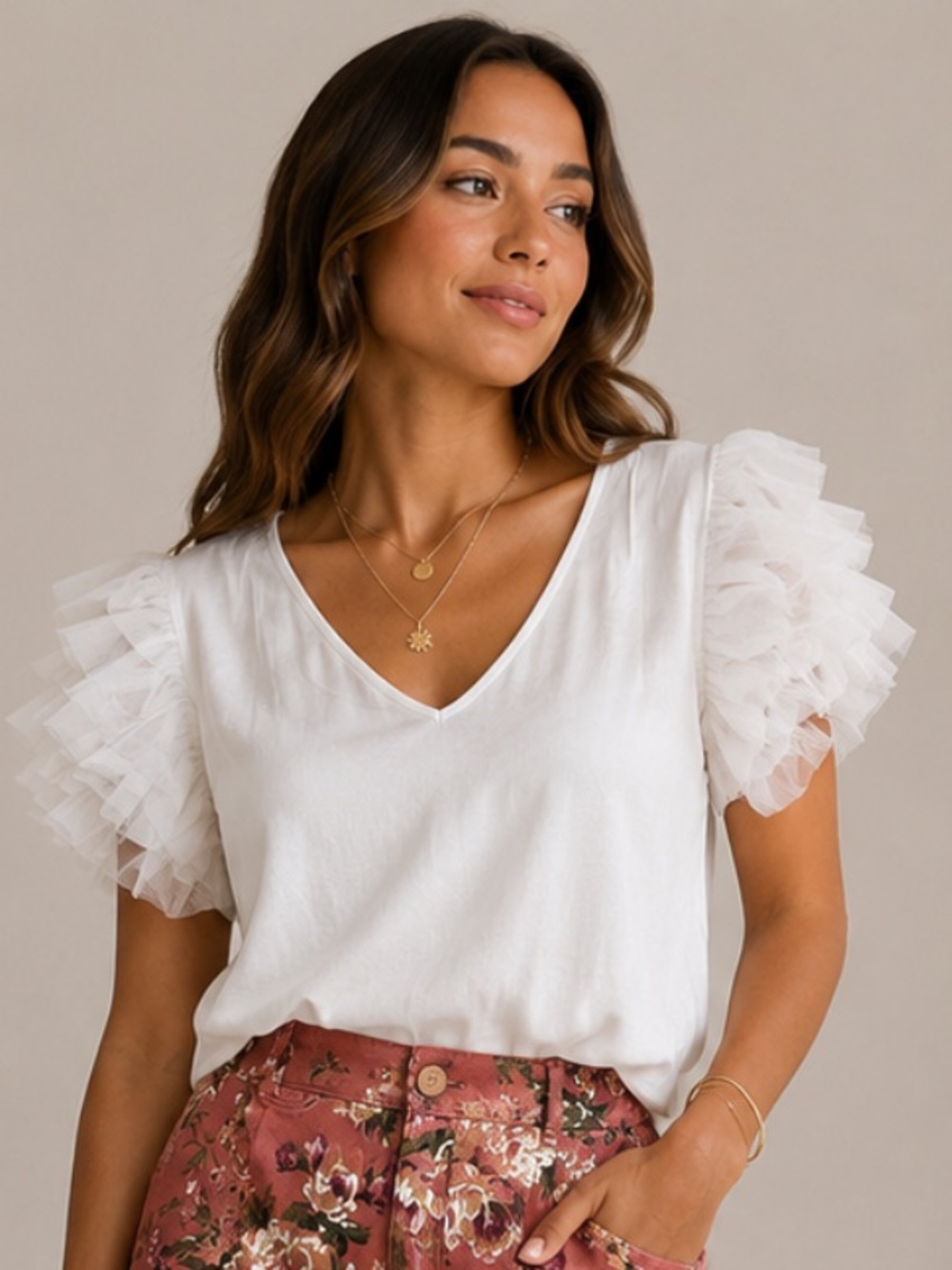 ShopEvelynne White V-Neck Top with Layered Tulle Puff Sleeves